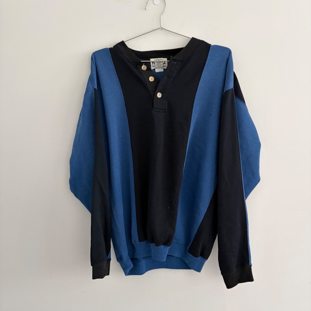 MTO International Mens Henley Sweatshirt Blue Black Colorblock Vintage Large